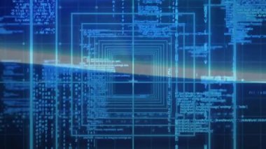 Mavi arkaplanda dijital veri işleme sisteminin animasyonu. küresel hesaplama, teknoloji ve veri işleme kavramı dijital olarak oluşturulmuş video.