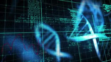 DNA iplikçiklerinin dönmesi ve tıbbi veri işleme animasyonu. küresel tıp, bilim ve veri işleme kavramı dijital olarak oluşturulmuş video.