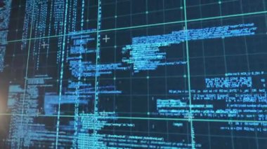 Şebeke ve mavi arkaplan üzerinde dijital veri işleme animasyonu. küresel internet bağlantıları, veri işleme ve dijital arayüz konsepti dijital olarak oluşturulmuş video.