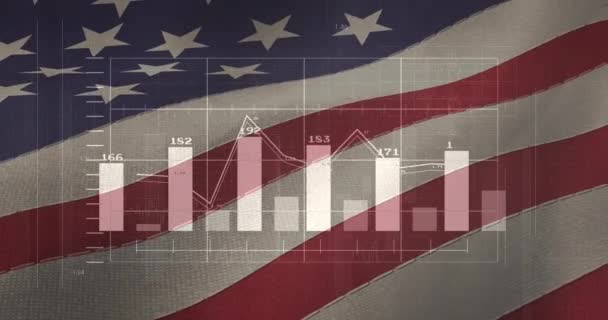 Animacja Przetwarzania Danych Nad Flagą Ameryki Globalny Biznes Finanse Połączenia — Wideo stockowe