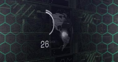 Siyah arka planda dairelerin ve veri işlemenin animasyonu. küresel teknoloji ve dijital arayüz kavramı dijital olarak oluşturulmuş video.