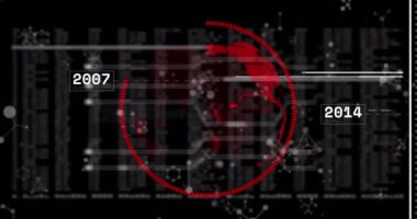 Siyah arka planda dünya ve veri işleme animasyonları. küresel teknoloji ve dijital arayüz kavramı dijital olarak oluşturulmuş video.