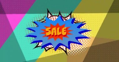 Renkli arkaplanda satılık metin animasyonu. Retro gelecek ve sosyal medya konsepti dijital olarak oluşturulmuş video.