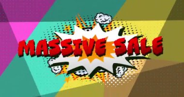 Renkli arka planda devasa satış metninin animasyonu. Retro gelecek ve sosyal medya konsepti dijital olarak oluşturulmuş video.