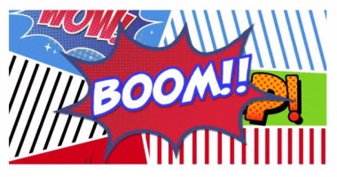 Beyaz arkaplanda gümbürtülü metin ve çizgi roman animasyonu. Retro gelecek ve sosyal medya konsepti dijital olarak oluşturulmuş video.