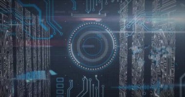 Kapsamlı tarama ve kara arkaplanda veri işleme animasyonu. küresel teknoloji ve dijital arayüz kavramı dijital olarak oluşturulmuş video.