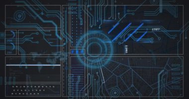 Kapsamlı tarama ve kara arkaplanda veri işleme animasyonu. küresel teknoloji ve dijital arayüz kavramı dijital olarak oluşturulmuş video.