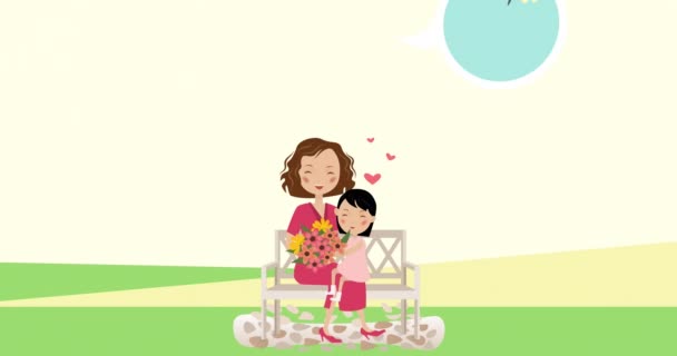 植物の上に娘アイコンを持つ母親のアニメーション レトロな未来とソーシャルメディアの概念をデジタルで — ストック動画