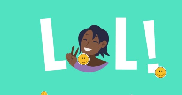 Animation Von Lol Text Und Glücklicher Frau Mit Emoji Symbolen — Stockvideo