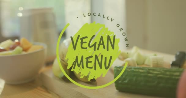 Animação Texto Menu Vegan Sobre Frutas Cozinha Semana Vegetariana Nacional — Vídeo de Stock