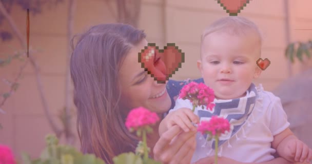 Animação Ícones Coração Sobre Mãe Caucasiana Com Bebê Segurando Flor — Vídeo de Stock