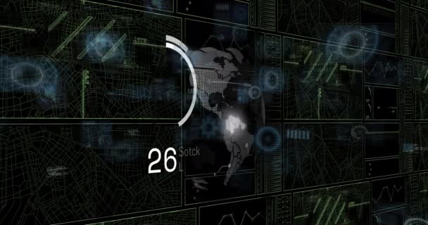 Animatie Van Cirkels Gegevensverwerking Zwarte Achtergrond Global Technology Digital Interface — Stockvideo