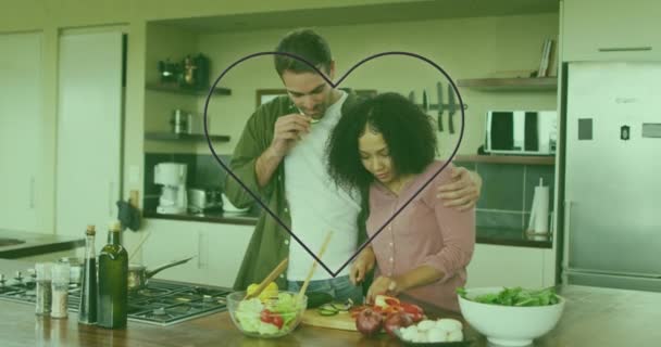 Анімація Значка Серця Над Щасливою Різноманітною Парою Приготування Їжі Національний — стокове відео