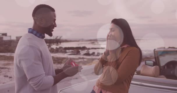 Animation Happy African American Man Proposing His Biracial Girlfriend Cabriolet — Stock Video