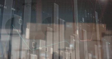 Boş deponun üzerindeki finansal veri işleme resmi. küresel sevkiyat, dağıtım ve bağlantılar konsepti dijital olarak oluşturuldu.