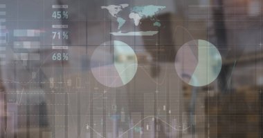 Boş deponun üzerindeki finansal veri işleme resmi. küresel sevkiyat, dağıtım ve bağlantılar konsepti dijital olarak oluşturuldu.