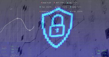 Beyaz arka planda asma kilit ve finansal veri işleme görüntüsü. küresel iş, finans ve dijital arayüz kavramı dijital olarak oluşturulmuş görüntü.