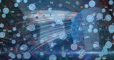 Dünya çapında bağlantı, simge ve veri işleme ağının resmi. dijital arayüz, bağlantılar, dijital arayüz ve dijital olarak oluşturulan veri işleme kavramı.