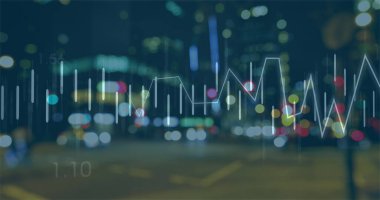 Şehir manzarası üzerinde veri işleme resmi. küresel iş, finans, bağlantılar ve dijital arayüz konsepti dijital olarak oluşturulmuş görüntü.