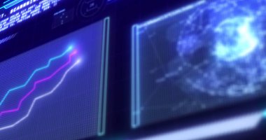 Mavi arkaplanda veri işleme resmi. küresel iş, finans ve dijital arayüz kavramı dijital olarak oluşturulmuş görüntü.