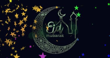 Bayram mübarek logosu ve kayan yıldızların üzerindeki yazı. Ramazan ve kutlama konsepti dijital olarak oluşturulmuş görüntü.