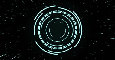 Siyah arkaplanda titreşen ve dönen yeşil dairesel arayüzlerin görüntüsü. dijital arayüz ve veri işleme kavramı dijital olarak oluşturuldu.