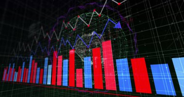 Siyah arka planda dünya çapında finansal veri işleme görüntüsü. küresel finans, iş ve dijital arayüz kavramı dijital olarak oluşturulmuş görüntü.