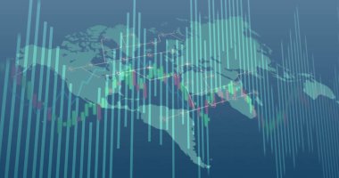 Dünya haritası üzerinde veri işleme resmi. küresel iş, finans, bağlantılar ve dijital arayüz konsepti dijital olarak oluşturulmuş görüntü.