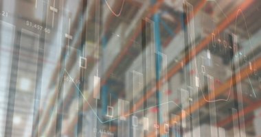 Boş deponun üzerindeki finansal veri işleme resmi. küresel sevkiyat, dağıtım ve bağlantılar konsepti dijital olarak oluşturuldu.