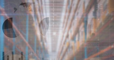 Boş deponun üzerindeki finansal veri işleme resmi. küresel sevkiyat, dağıtım ve bağlantılar konsepti dijital olarak oluşturuldu.