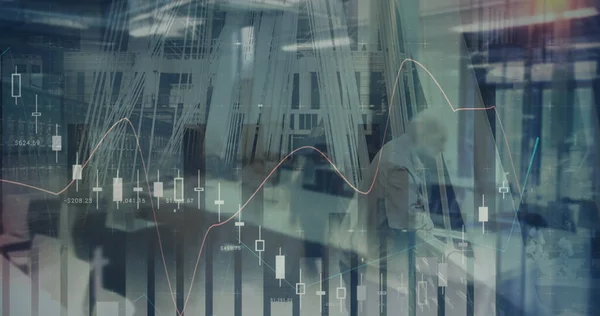 Beeld Van Financiële Gegevensverwerking Drukke Stad Bedrijfs Digitale Interface Gegevensverwerkingsconcept — Stockfoto