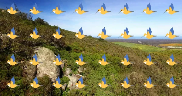 Manzara Üzerinde Hareket Eden Kuş Simgeleri Kuş Günü Kutlama Konsepti — Stok fotoğraf