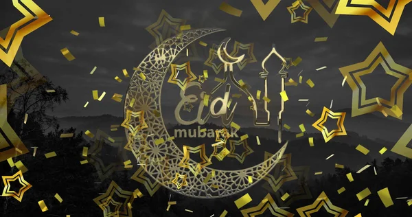 Kép Eid Mubarak Logó Szöveg Felett Hulló Csillagok Ramadán Ünnepség — Stock Fotó