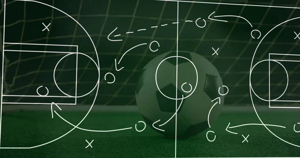 Obraz Boiska Sportowego Diagram Gry Nad Piłką Nożną Bramce Boisku — Zdjęcie stockowe