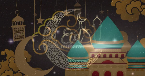Billede Eid Mubarak Logo Tekst Måner Moske Ramadan Fest Koncept - Stock-foto