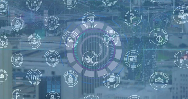 Bild Nätverk Anslutningar Ikoner Och Databehandling Över Räckvidd Digitalt Gränssnitt — Stockfoto