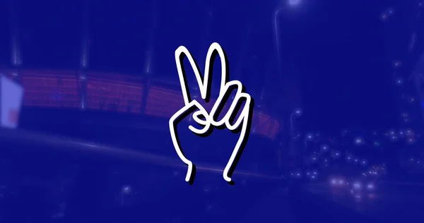 Зображення Значка Руки Над Міським Пейзажем Вночі Синьому Фоні Концепція — стокове фото
