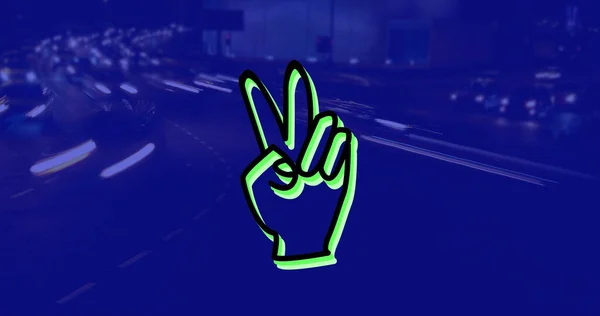 Зображення Значка Руки Над Міським Пейзажем Вночі Синьому Фоні Концепція — стокове фото