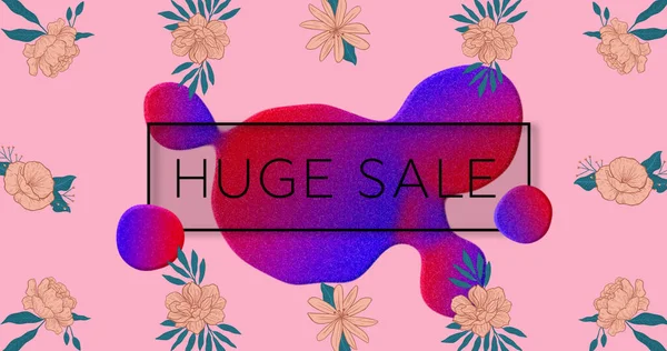 ピンクの背景に花と黒 青と赤の塊で巨大な販売テキストのイメージ オンラインショッピング小売通信とデジタルインターフェースの概念デジタル生成された画像 — ストック写真