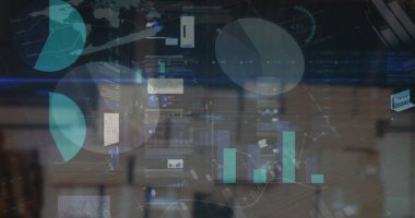 Boş deponun üzerindeki finansal veri işleme resmi. küresel sevkiyat, dağıtım ve bağlantılar konsepti dijital olarak oluşturuldu.