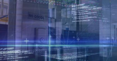 Ofisteki asansörde veri işleme resmi. küresel iş, finans ve dijital arayüz kavramı dijital olarak oluşturulmuş görüntü.