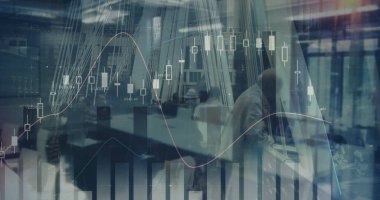 Yoğun şehrin finansal veri işleme görüntüsü. iş, dijital arayüz ve veri işleme kavramı dijital olarak oluşturulmuş görüntü.