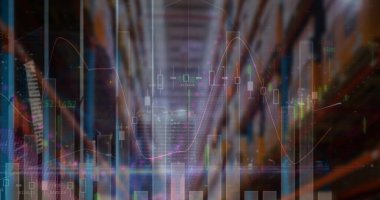 Boş deponun üzerindeki finansal veri işleme resmi. küresel sevkiyat, dağıtım ve bağlantılar konsepti dijital olarak oluşturuldu.