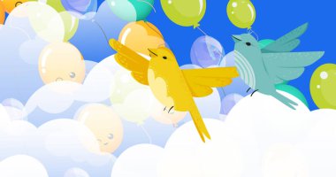 Mavi arka planda bulutların üzerinde kuş simgeleri ve balonlar. kuş günü ve kutlama konsepti dijital olarak oluşturulmuş görüntü.