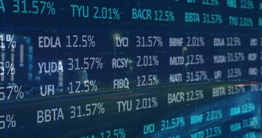 Şehirdeki finansal veri işleme görüntüsü. iş, dijital arayüz ve veri işleme kavramı dijital olarak oluşturulmuş görüntü.