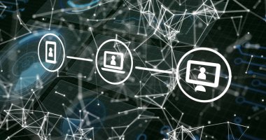 Siyah arkaplanda veri işleme üzerine ortam simgelerinin resmi. küresel iş, finans, bağlantılar ve dijital arayüz konsepti dijital olarak oluşturulmuş görüntü.