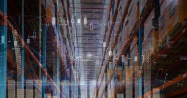 Boş deponun üzerindeki finansal veri işleme resmi. küresel sevkiyat, dağıtım ve bağlantılar konsepti dijital olarak oluşturuldu.