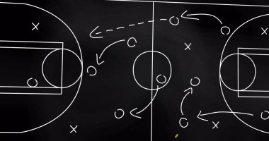 Konfeti düşüşü ve basketbol sahasındaki spor taktikleri. Spor stratejisi ve rekabet konsepti dijital olarak oluşturulmuş imaj.