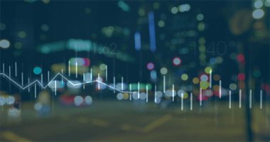 Şehir manzarası üzerinde veri işleme resmi. küresel iş, finans, bağlantılar ve dijital arayüz konsepti dijital olarak oluşturulmuş görüntü.