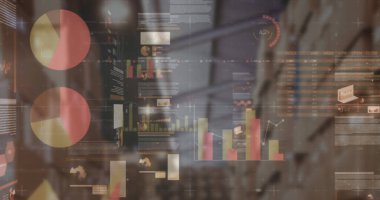 Boş deponun üzerindeki finansal veri işleme resmi. küresel sevkiyat, dağıtım ve bağlantılar konsepti dijital olarak oluşturuldu.